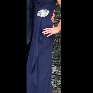 Calvin Klein formal Navy Dress/gown floor length w/glitz patch cinched gorgeous